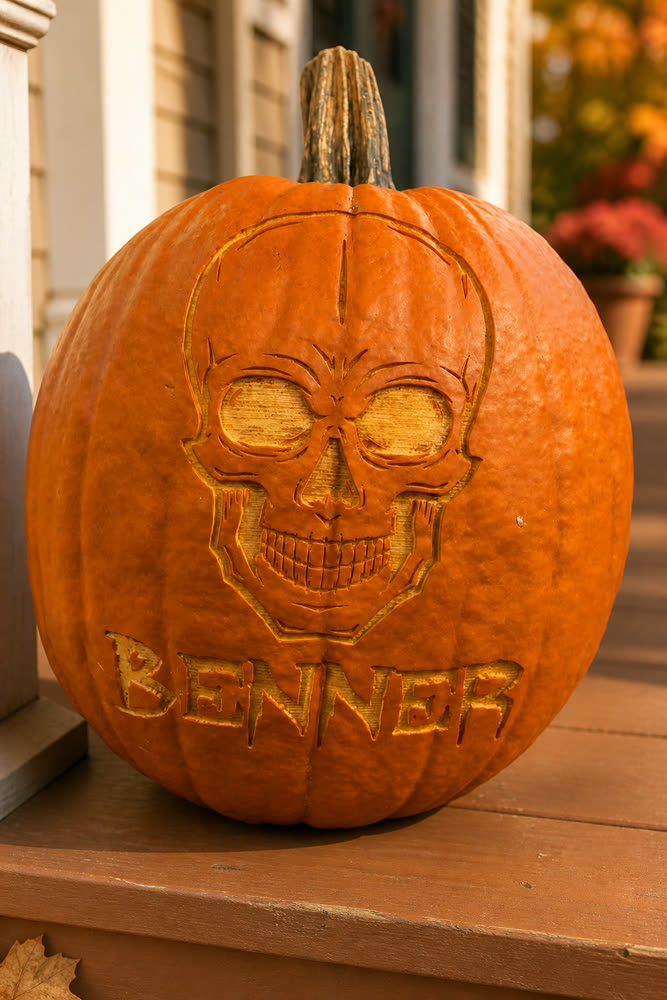 A pumpkin laser-engraved with a skull and the family name Benner, on a porch step