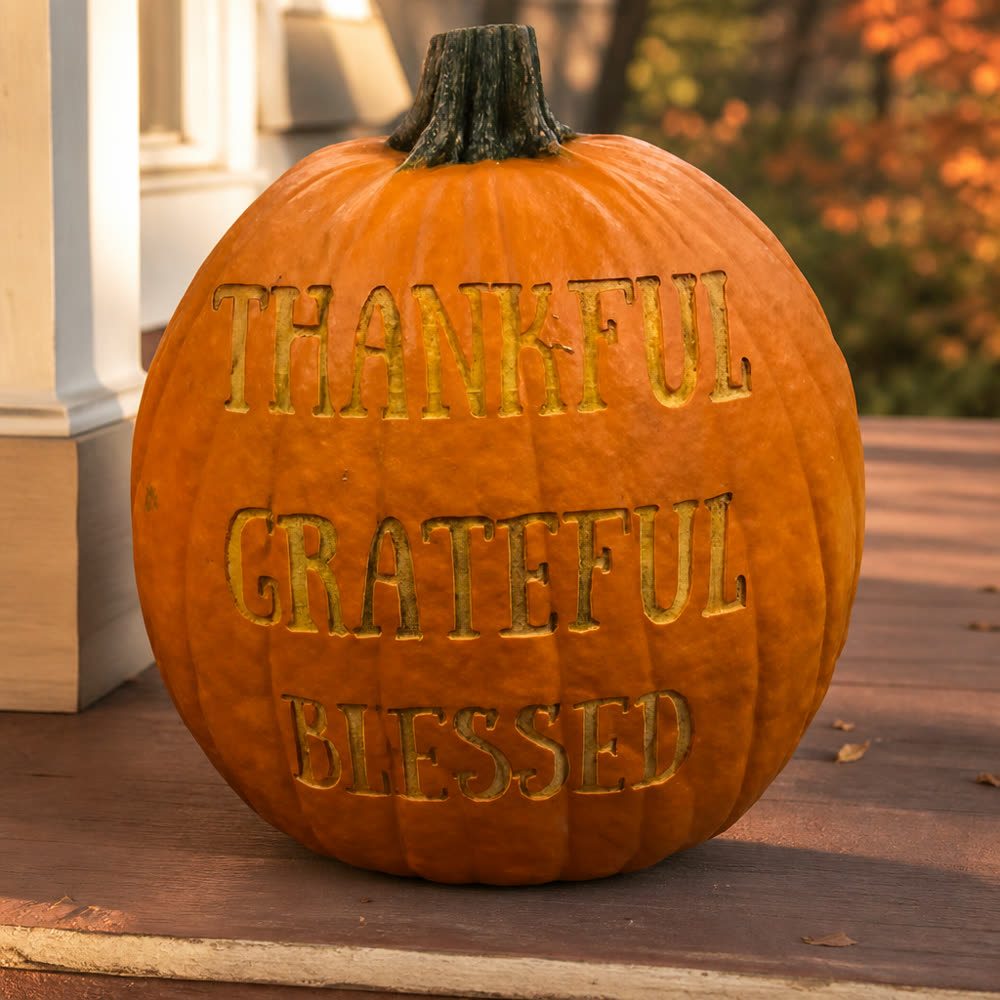 A pumpkin laser-engraved with the words Thankful, Grateful, Blessed, sitting on a porch deck
