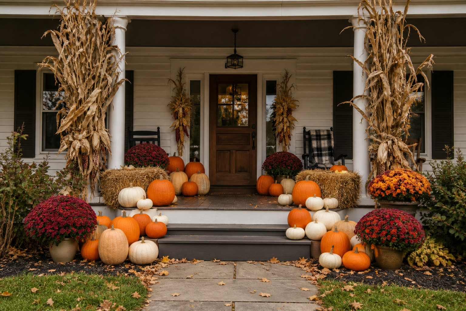 A farmhouse porch styled with pumpkins, hay bales, corn stalks, and mums