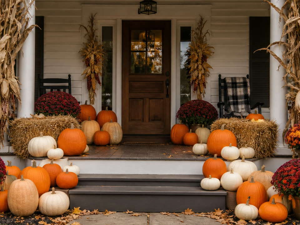 A front entrance fully styled for fall with pumpkins, hay bales, corn stalks, and mums